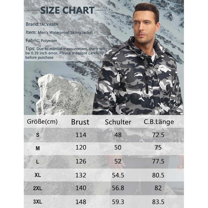 TACVASEN Куртка зимова чоловіча водонепроникна тепла, флісова підкладка, софтшелл, дихаюча, функціональна з відстібною капюшоном (3XL, Чорний камуфляж)