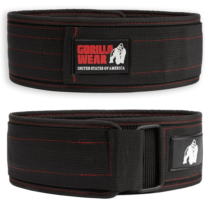 Пояс для важкої атлетики Gorilla Wear 4 дюйми, нейлоновий, чорний/червоний, підтримка для бодібілдингу, тренувань у залі, стабілізація, з логотипом, розмір M-L