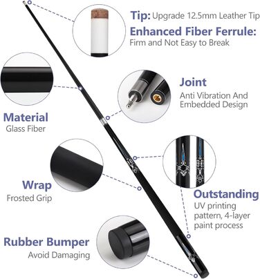 Професійний більярдний кий з чохлом, комбінований набір, 12.5 мм, для чоловіків та дорослих, чорний, 147.3 см