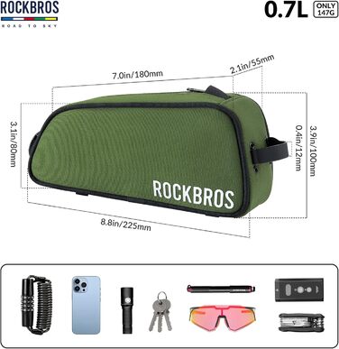 ROCKBROS Велосипедна сумка на раму Road-to-Sky, водовідштовхувальна, 0,7 л, з відбивачами, для шосейних, гірських та гравійних велосипедів, зелена
