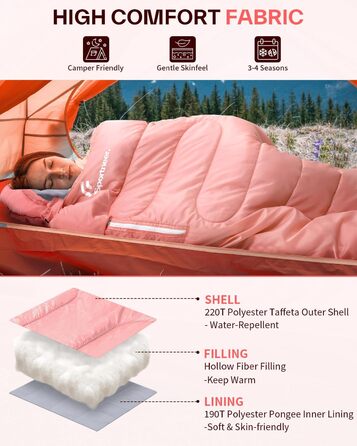 Сплячий мішок Sportneer Outdoor - ковдровий спальний мішок 3-4 сезони для дорослих, теплий, для кемпінгу, подорожей та активного відпочинку (200x85 см, Рожевий)