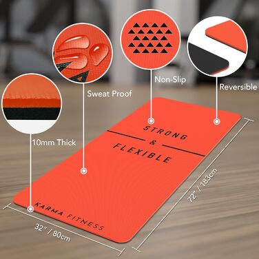 Тренувальний килимок – великий, широкий та товстий для чоловіків та жінок (183 см x 80 см x 10 мм) – TPE фітнес килимок, неслизький, для дому, HIIT, пілатесу, гімнастики, сірий – з принтом (червоний)