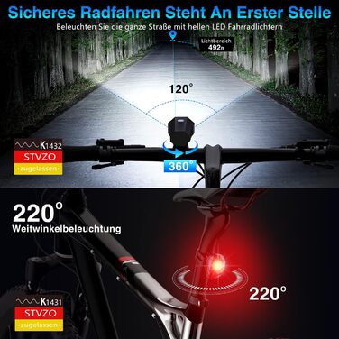 Набір LED-ліхтарів для велосипеда, перезаряджуваний, сертифікований STVZO, водонепроникний, з USB-зарядкою. Фронтальний та задній ліхтарі для велосипеда. Чорний.