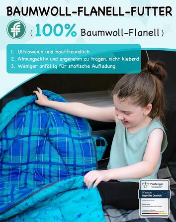 Сплячий мішок KingCamp для дітей, фланелевий, легкий, водонепроникний, компактний, зимовий, 4 сезони, для кемпінгу, підходить для дітей до 140 см, комфортна температура: 7°C, регульована довжина