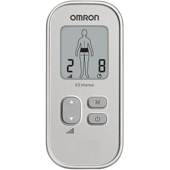 OMRON E3 Intense - портативний TENS масажер для зняття болю, 6 програм, для спини, плечей, суглобів та м'язів, TENS/EMS, сріблястий