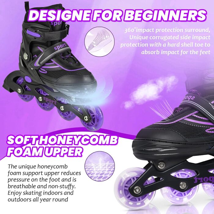 Регульовані ролики для дітей (дівчатка та хлопчики), ролики з підсвічуванням коліс, для занять спортом в приміщенні та на вулиці, фіолетовий & синій, чорний & фіолетовий
