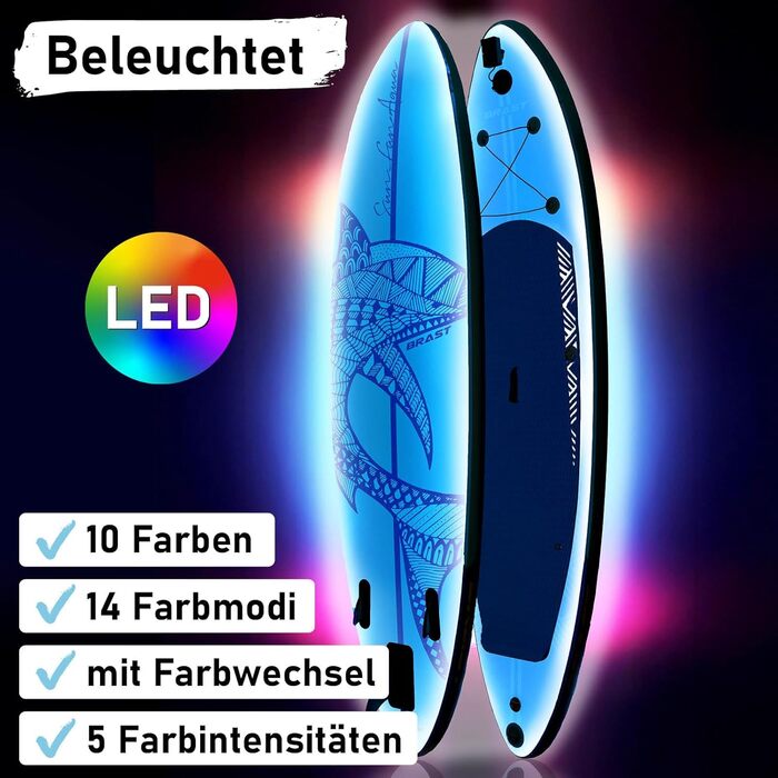 Надувний SUP Board BRAST з LED-підсвіткою | Комплект для станд-ап паддлінгу | 320x81x15см | 4 дизайни | LED-підсвічування (10 кольорів) | 5 років гарантії | 2в1 (каяк, сидіння) | Тримач для Action-Cam | Петля для ноги (Shark Blue)