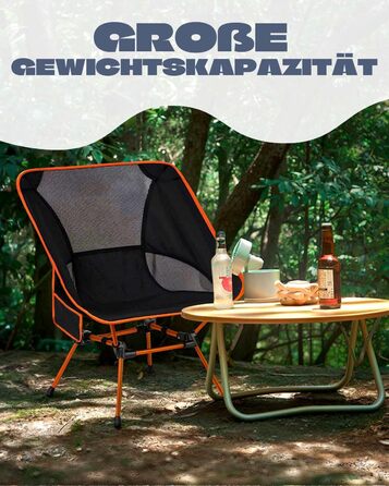 Складний туристичний стілець для кемпінгу з сіткою та кишенями, вантажопідйомність 150 кг, оранжевий
