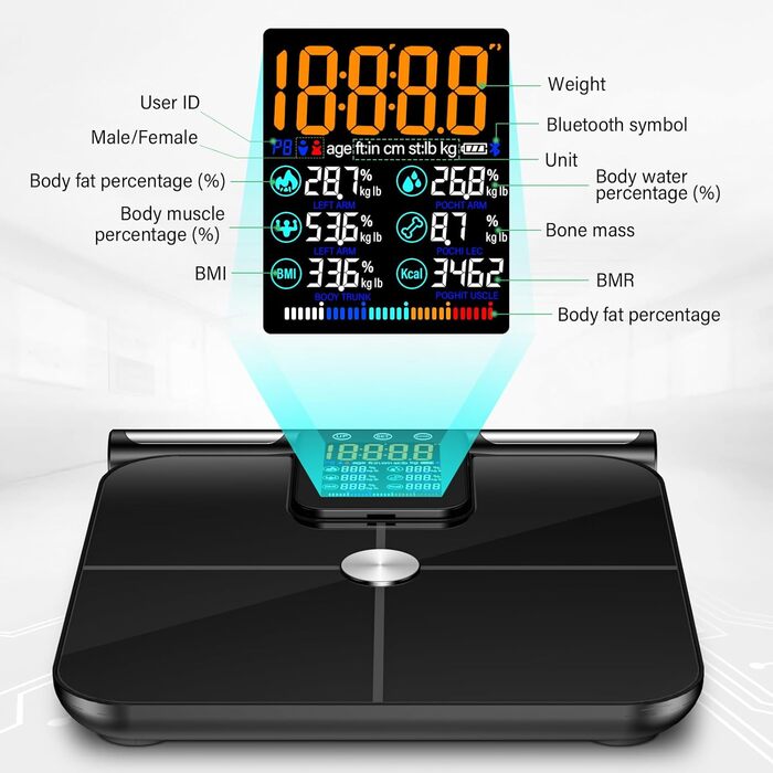 Вага для вимірювання жиру в тілі з датчиками рук, 8 електродів, цифрова вага з LCD дисплеєм, точна вага для вимірювання жиру та м'язової маси з APP, 32 показники, для вимірювання жиру, ІМТ та інше, чорного кольору