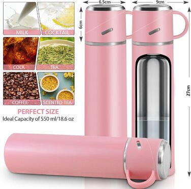 Термос IAGORYUE з нержавіючої сталі, 0,55 л, з герметичним кришкою та ручкою, подвійні стінки, зберігає тепло/холод до 12 годин, для спорту, офісу, відпочинку на природі (Рожевий)