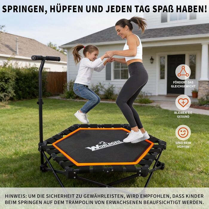 Складаний фітнес-батут для дому з регульованою ручкою, навантаження до 150 кг, діаметр 86.5 см, помаранчевий — для дорослих та дітей