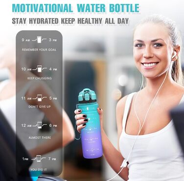 Спортивна пляшка для води 1л/500мл/700мл/1500мл Tritan, BPA-free, з маркуванням часу - для фітнесу, велосипеда, йоги, школи, тренажерного залу. Кольори: темно-зелений, темно-синій, синьо-фіолетовий (1000 мл, синій)