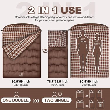 Спальний мішок Baumwolle для 2 осіб, зимовий, водонепроникний, Queen Size, для кемпінгу та подорожей на автодомі (колір: коричневий)
