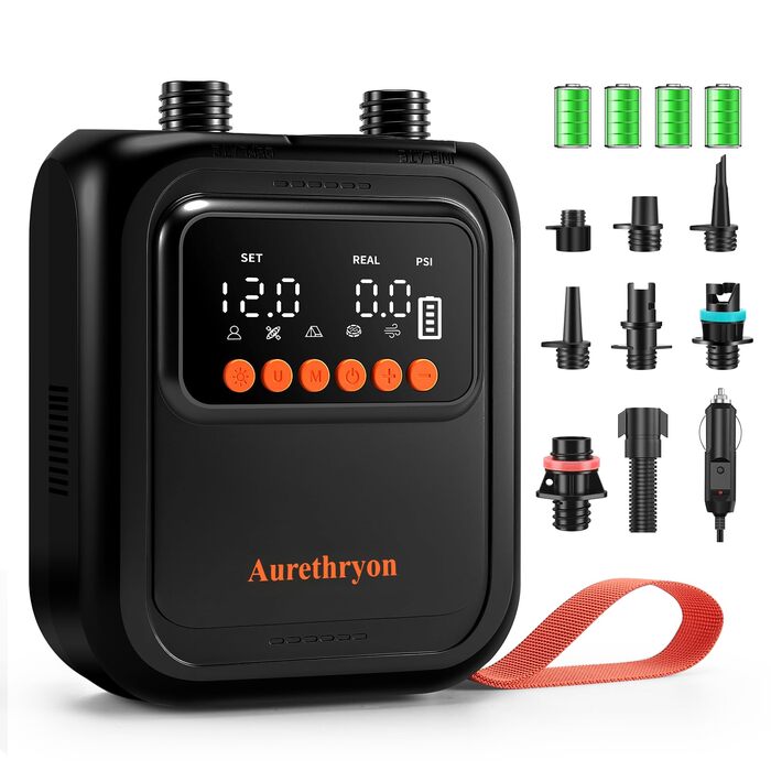 Електричний насос для SUP дошки з акумулятором та ліхтарем, 20 PSI, 12V/USB-C, 7 насадок, для SUP, човнів, матраців, басейнів