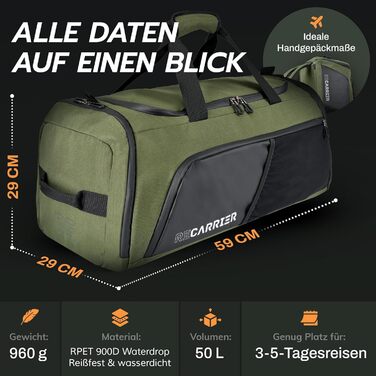 Спортивна сумка [з переробленого PET] 50L – Gym Bag та рюкзак в одному – водонепроникна сумка для тренувань чоловіча/жіноча – спортивний рюкзак з відділенням для взуття, фітнес, велика дорожня сумка (Pinewood Green)