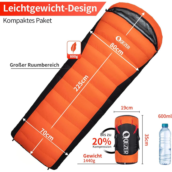Сплячий мішок пуховий зимовий, 600FP+ преміум пух, 7°C - 24°C, легкий та теплий для 3-4 сезонів, кемпінг, піші прогулянки та трекінг, помаранчевий