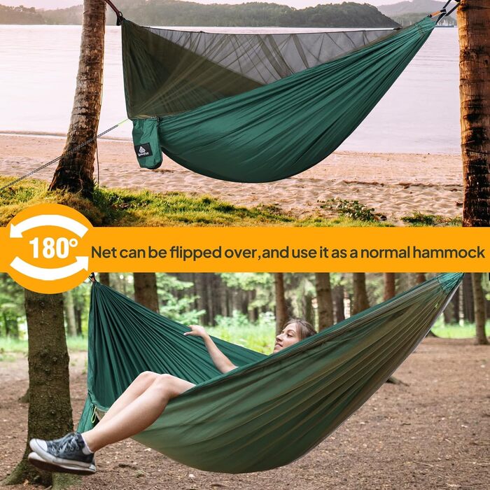 Гамак для кемпінгу NatureFun з москітною сіткою | Макс. вага 300 кг, 290 x 140 см, дихаючий, швидковисихаючий нейлон, повний комплект аксесуарів, простий монтаж (темно-зелений)