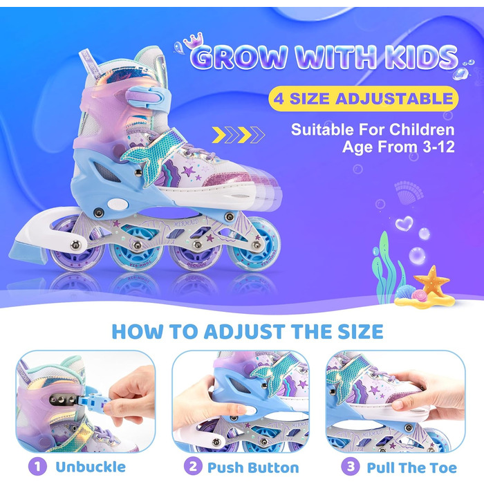 Інлайнери NEMONE для дівчаток, 4 розміри, регульовані, блакитний/фіолетовий, для дому та вулиці, розмір 37-39 EU, модель 'Морська русалка'