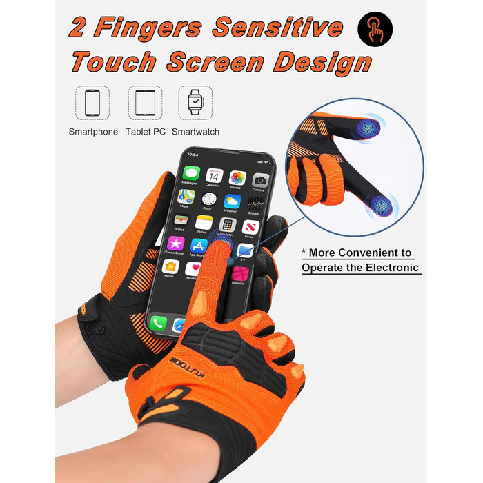 Велосипедні рукавички KUTOOK MTB для чоловіків та жінок, посилені, з підкладкою 5 мм, захист TPR SCR, сенсорний екран, дихаючі, зелені (XXL, помаранчевий)