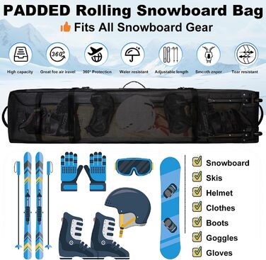 Чохол для сноуборду на колесах, 170 см, чорний. Захисний кейс для сноуборду та черевиків.