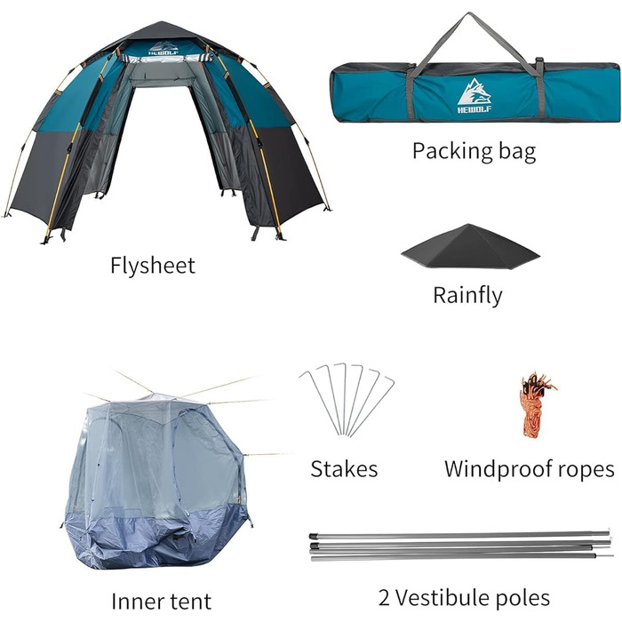 Намет для кемпінгу HEWOLF Pop Up 2-4 особи з тамбуром, Ultralight, сімейний, швидкорозкладний, армійний зелений