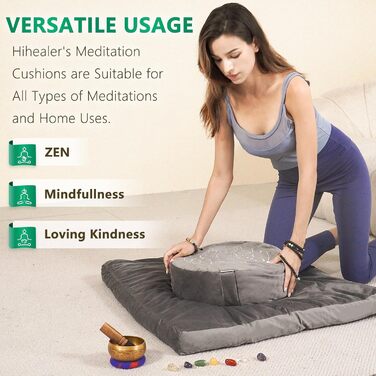 Традиційне медитаційне подушечка Hihealer з додатковим оксамитовим чохлом – велике тибетське подушечка для медитації, килимок для йоги Zafu, наповнене лузгою гречки, сірий та білий для жінок