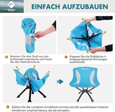 Складний туристичний стілець VILLEY, блакитний, з алюмінієвим каркасом, 150 кг, з сумкою для відпочинку та риболовлі