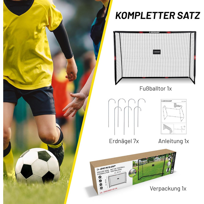 Футбольні ворота Dunlop 300x200x120 см для саду, для дітей та дорослих, металеві, чорні/червоні, для тренувань у приміщенні та на вулиці