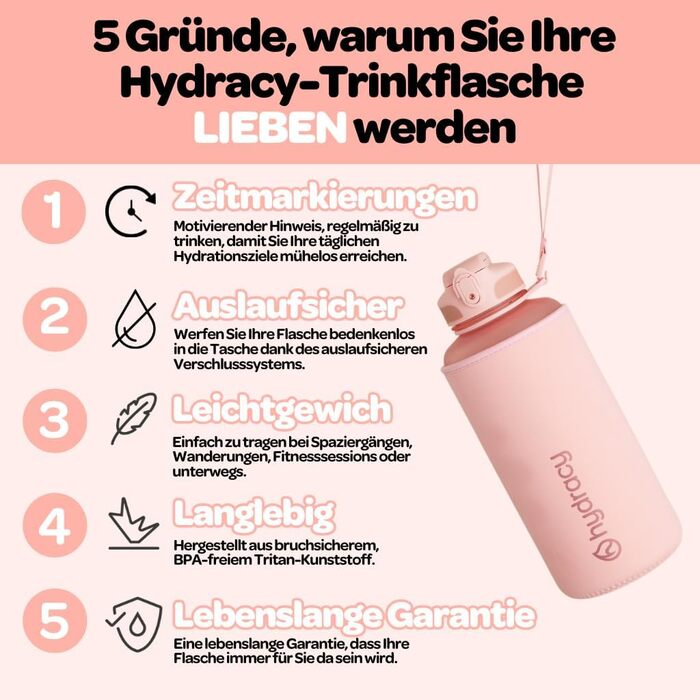 Пляшка для води Hydracy 2 л із трубочкою та часовою розміткою, спортивна, без BPA, герметична, не утворює конденсату, для спорту та активного відпочинку