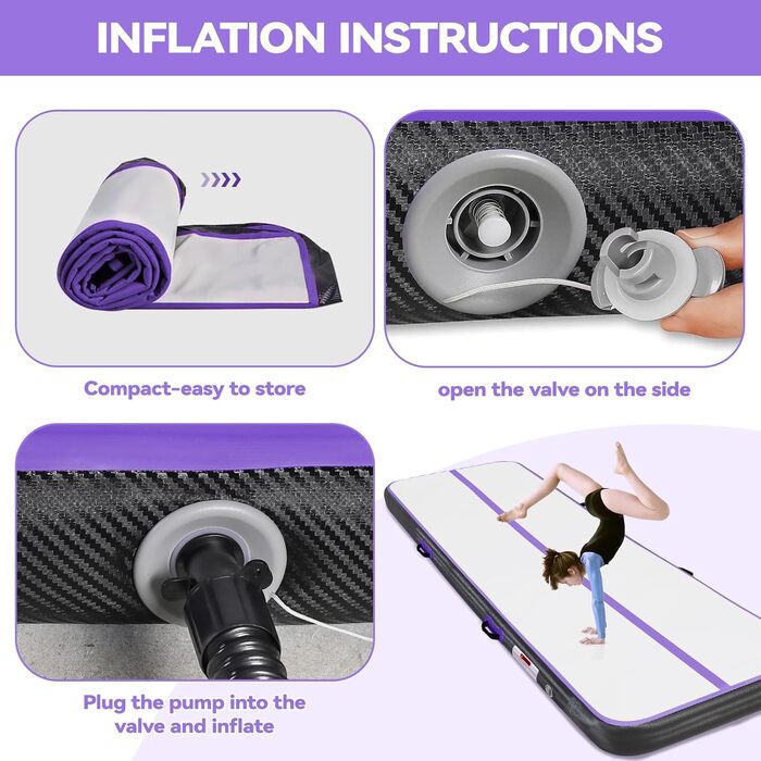 AirTrack Мат для гімнастики з електричним насосом, 10-600 см заввишки, 2-5 метрів завдовжки. Килимок для акробатики, йоги, кемпінгу, тренувань. Чорний, фіолетовий, 300x100x10 см