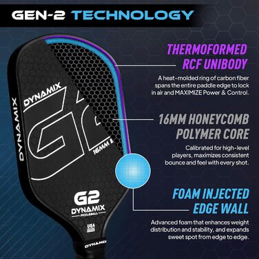 Плечовий ракетка для піклболу з вуглецевого волокна Gen-2, 16 мм, сертифікована USAPA, для професійних гравців, чорний грип/чорний край