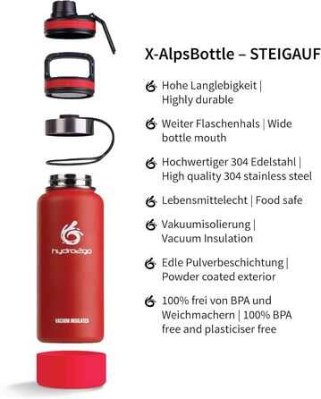Гідрофляга hydro2go X-AlpsBottle 1 л, вакуумна термос пляшка з нержавіючої сталі, 3 кришки, герметична, для спорту та подорожей, Lava Red