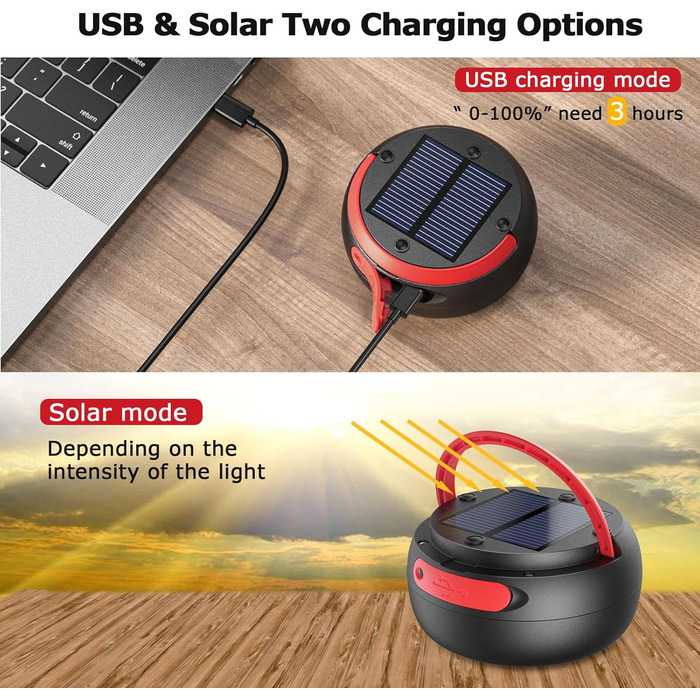 Сонячна LED кемпінгова лампа-ліхтар з живленням від сонця та USB, 3 режими світла, Power Bank, браслет для виживання (червона)