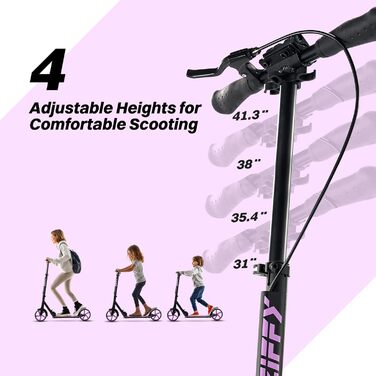 Тротлер ZIFFY для дітей та дорослих, 6-12 років, зелено-фіолетовий, 200 мм колеса, ABEC-9, амортизація, складний алюмінієвий каркас, регульований кермо, ручне гальмо, вантажопідйомність 118 кг