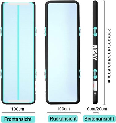 AWSUM Надувний гімнастичний мат, 2/3/4/5/6м, 10/20см, для йоги, фітнесу, дому, на вулицю, з насосом, Mint Green/Black