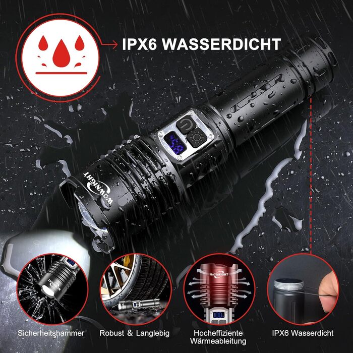 WOWNIGHT LED ліхтарик на акумуляторі 1000000 люмен, 2 режими, USB-C, тактичний, регулювання яскравості, налобний, для кемпінгу та надзвичайних ситуацій, чорний обсидіан