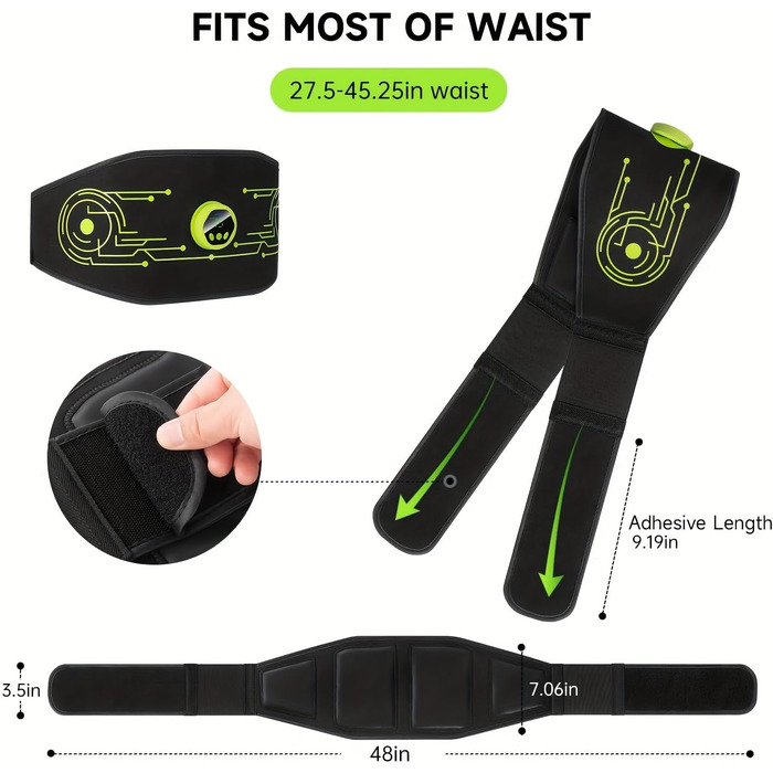 Електричний тренажер для пресу EMS, пристрій для тренування живота, пояс для стимуляції м'язів EMS – 4 зони стимуляції, 6 режимів, м'які домашні вправи, унісекс (зелений)