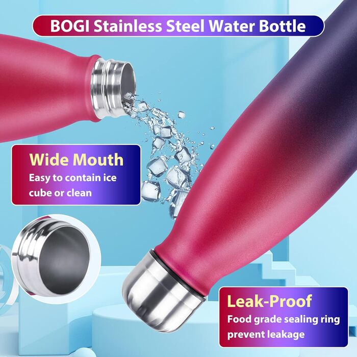 BOGI Термофляга для води 500 мл, металева, з нержавіючої сталі, для дівчаток та хлопчиків, з щіткою для чищення, Dred