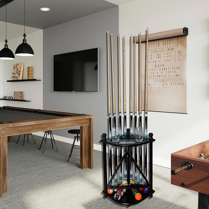 Підставка для київ для більярду на підлозі для 8 київ та аксесуарів, дерев'яна, кутова, з гачками та табло (чорний торс)