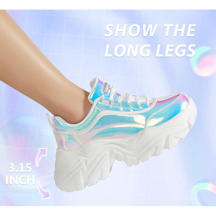 Кросівки жіночі LUCKY STEP Chunky на платформі, білі голографічні (42 EU) - зручні кеди на підборах