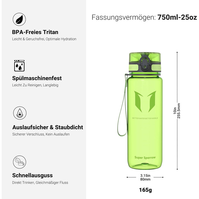 Спортивна пляшка для води Sparrow 750 мл, Tritan, без BPA, герметична з кришкою Flip Top, колір Glossy-Frucht Grün — для фітнесу, школи, офісу та подорожей