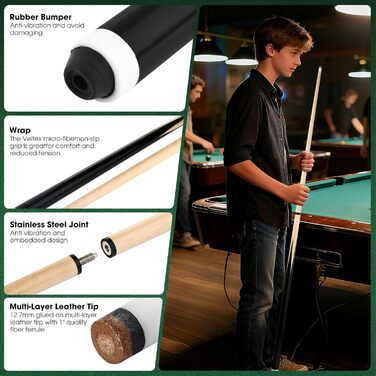 Професійний кий для більярдного столу JX (2 шт.) з наконечником 13 мм, довжиною 147 см, з канадського клену, 18 oz