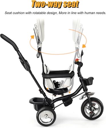 Триколісний велосипед 4-в-1 для дітей від 1 року з батьківською ручкою – дитячий триколіс для 1-4 роки до 25 кг, регульована батьківська ручка, поворотне сидіння, складаний навіс та кошик – компактний та безпечний (світло-сірий)