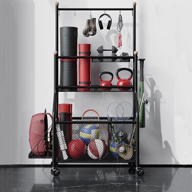 Стенд для зберігання тренувального обладнання: килимки для йоги, гантелі, штанги. З колесами та гаками. Чорний.