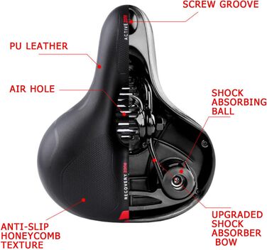 Зручний велосипедний сідло StreeHerjjkeA1 Cityradsättel з Memory Foam, водонепроникний, червоний світловідбиваючий елемент, для гібридних велосипедів, унісекс, чорний