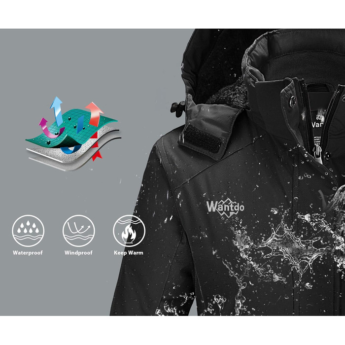 Жіноча зимова куртка Wantdo для катання на лижах, сноуборді та активного відпочинку на природі. Тепла флісова підкладка, водонепроникний вітрозахисний капюшон, куртка з підкладкою, колір чорний (M)