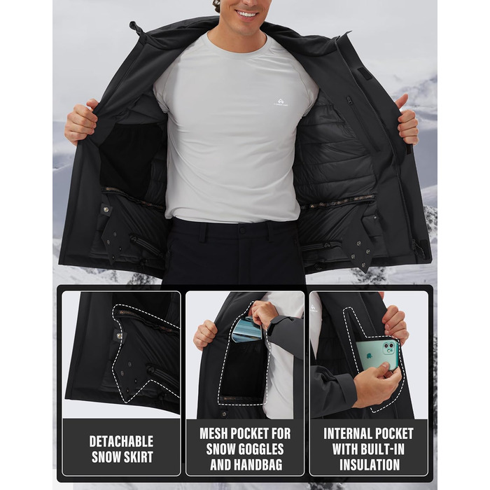 Чоловіча водонепроникна тепла дихаюча куртка для сноуборду та гірськолижного спорту, зимова куртка з капюшоном, Outdoor, сіра, розмір L