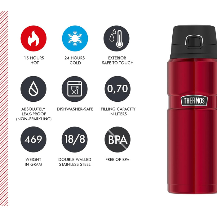 Термос-бутилка з нержавіючої сталі THERMOS STAINLESS KING 0,7 л, червона, Safe Flow кришка, зберігає тепло 15 годин/холод 24 години, для води і чаю, без BPA, підходить для посудомийної машини