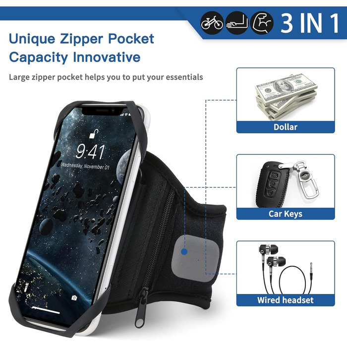 Спортивний браслет для телефону, кріплення на руку для бігу та велосипеда, універсальний тримач для смартфонів 4.5''-7'', 360° обертання, знімний, сумісний з Running, Fahrrad (Чорний - Upgrade)