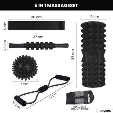 Набір для масажу м'язів Unycos: ролер фасції, фітнес-гумка, масажний м'яч, палиця для реабілітації, шнур для фітнесу та сумка для зберігання (чорний)
